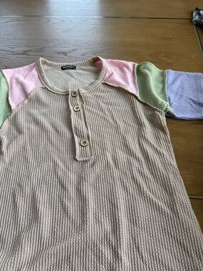 HEIMISH USA Beige Waffle Henley with Pink, Green & Lavender Raglan Sleeves